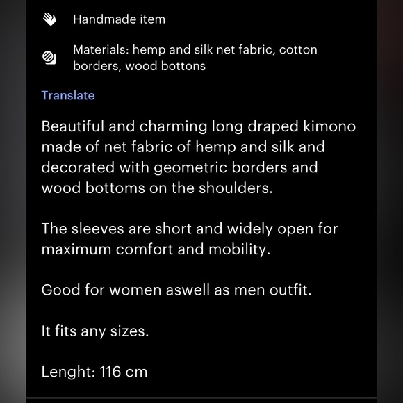 Open sleeve kimono made with cotton and all natural materials - Picture 9 of 11